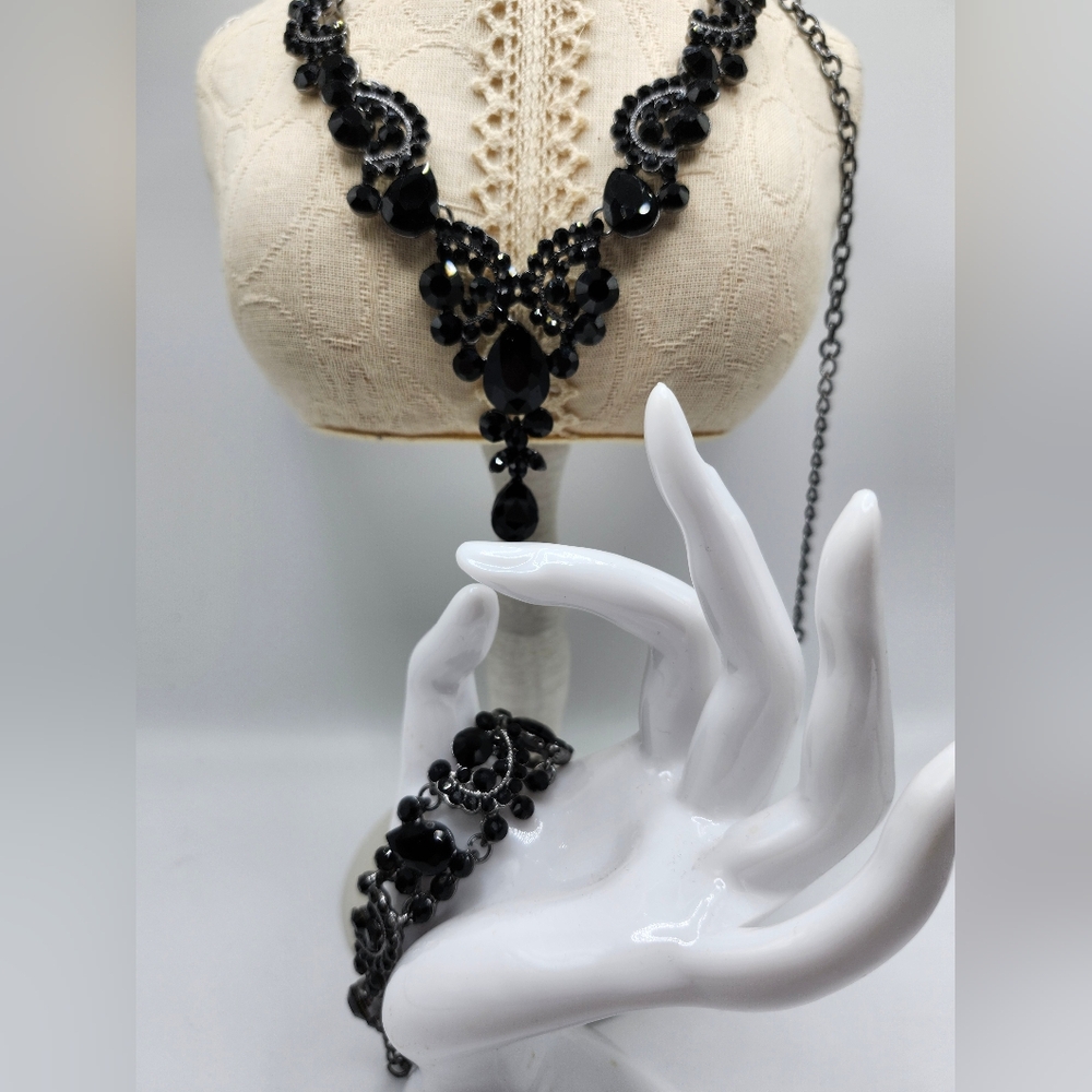 Black Rhinestone studded necklace and matching bracelet.   Statement set!